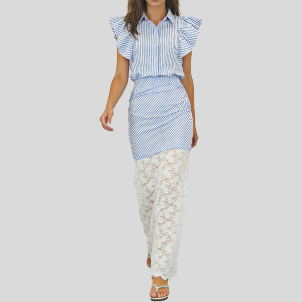 Ensemble jupe moulante en dentelle rayée bleue et blanche à manches papillon pour femme