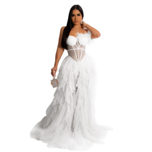 Fashion Women's Solid Color Sleeveless Bustier Mesh Long Dress