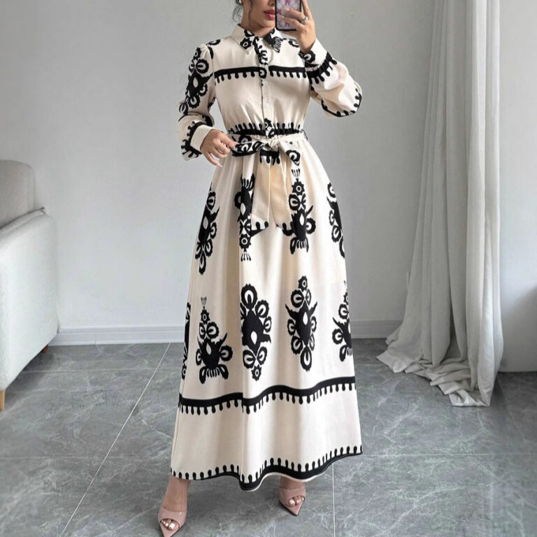 Robe longue imprimée à nouer, coupe trapèze