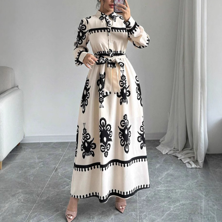 Robe longue imprimée à nouer, coupe trapèze