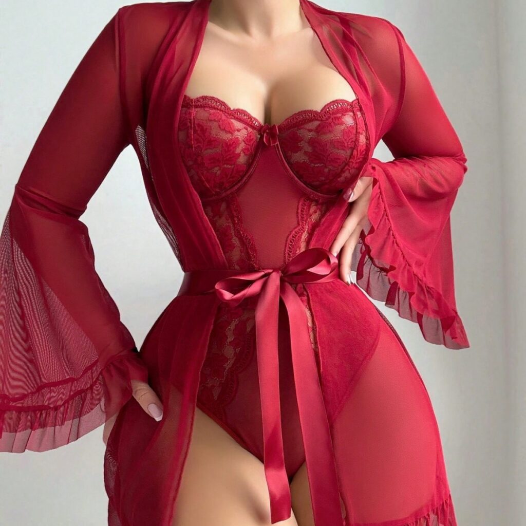 Ensemble de lingerie sexy une pièce en dentelle, manches évasées, ceinture et bas pour femme