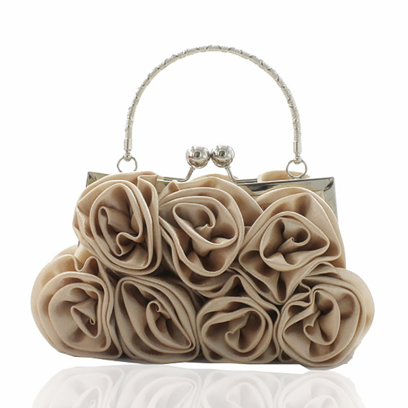 Foreign trade satin flower cloth bag handmade sewing 14 roses dinner bag satin cloth dress bag bride bag – Image 3