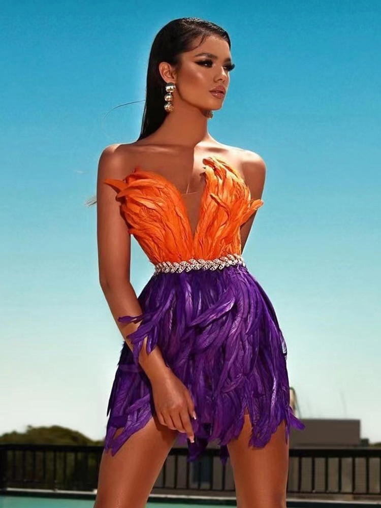 Robe mini PB élégante à taille haute, ornée de plumes et de cristaux, sexy, sans bretelles, pour les soirées mondaines en club.