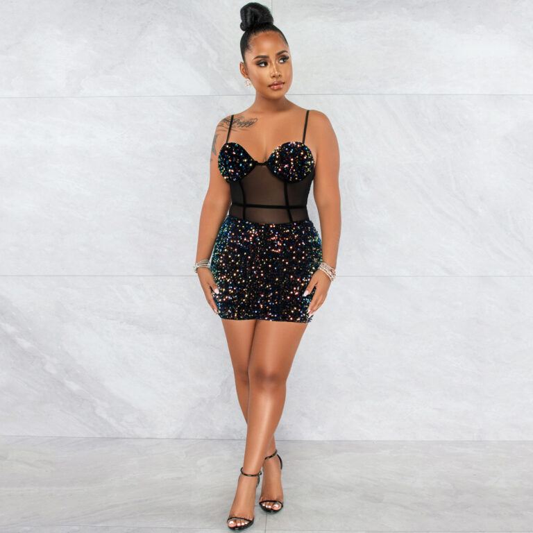 Robe sexy sans manches à sequins, résille transparente et fermeture éclair