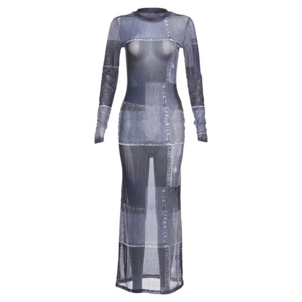 Robe moulante en denim imprimé 3D personnalisé, col rond, coupe ajustée.