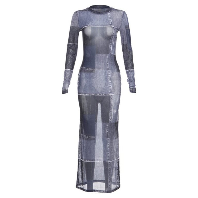 Robe moulante en denim imprimé 3D personnalisé, col rond, coupe ajustée.
