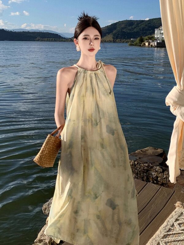 Robe de plage Sanya, robe maxi ample à bretelles, imprimé taches d'encre, style vacances,