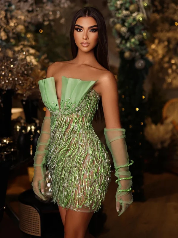 Robe bustier vert clair à franges perlées, robe de spectacle pour une fête d'anniversaire