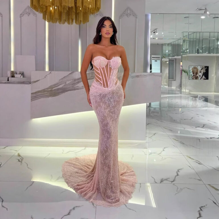 Robe longue de soirée décontractée de haute qualité, dos nu, asymétrique, bustier, ornée de perles et de sequins.