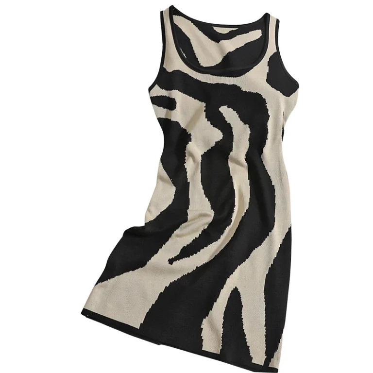 Robe pour femme élégante et polyvalente, motif zèbre contrasté, maille, coupe ajustée, sans manches