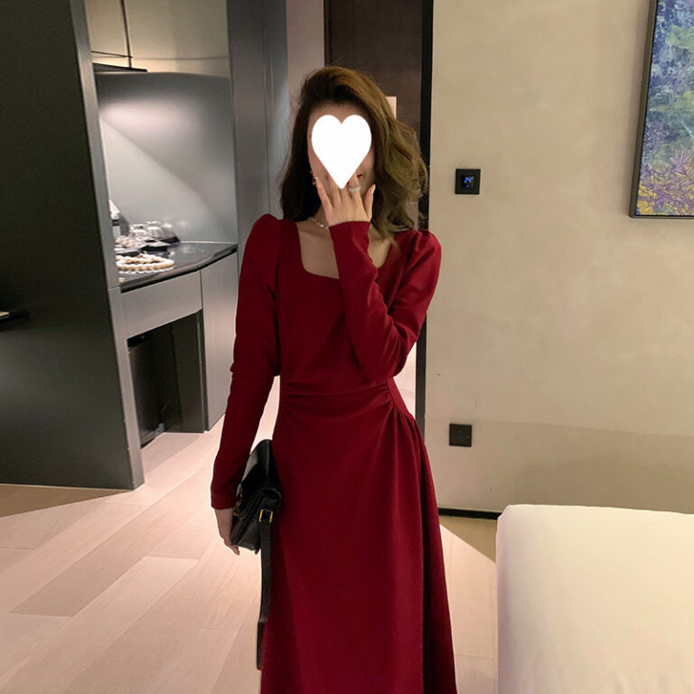 Red Dress Women  Long Sleeve Wedding Dress Daily Wear Audrey Hepburn Little Red Dress High-Grade Sense Elegant