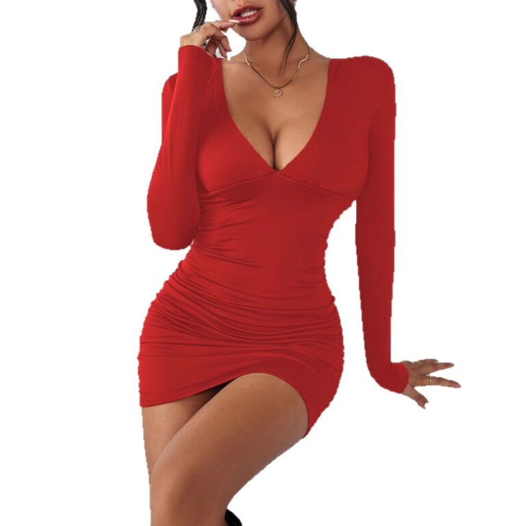 Robe moulante à manches longues et décolleté en V profond pour femme