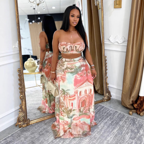 Ensemble deux pièces imprimé décontracté composé d'un crop top court et d'une longue jupe imprimée en mousseline taille haute