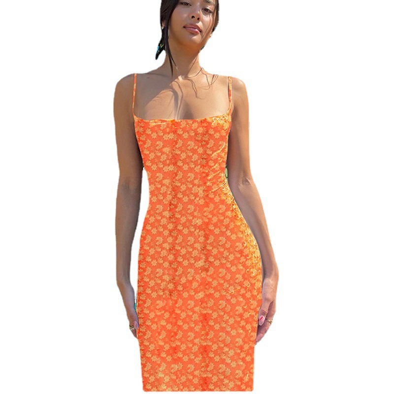 Slim fit suspender printed backless dress for women