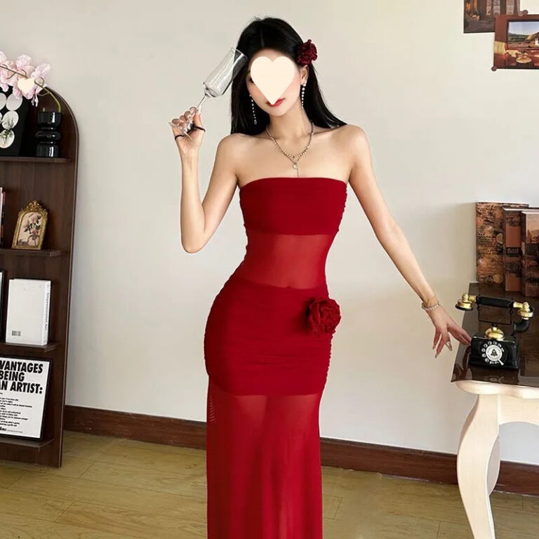 Robe longue rouge bustier sexy, élégante et chic, coupe trapèze, pour femme
