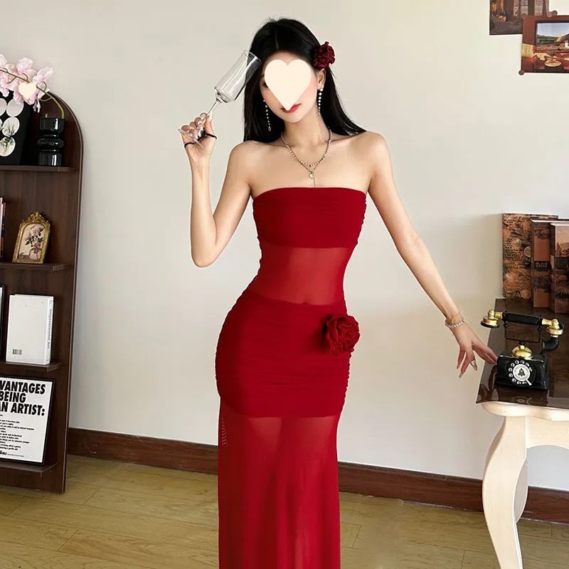 Robe longue rouge bustier sexy, élégante et chic, coupe trapèze, pour femme