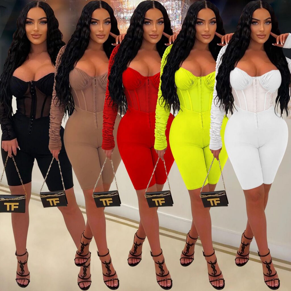 Combinaison pantalon court à manches longues unie pour femme, en maille transparente