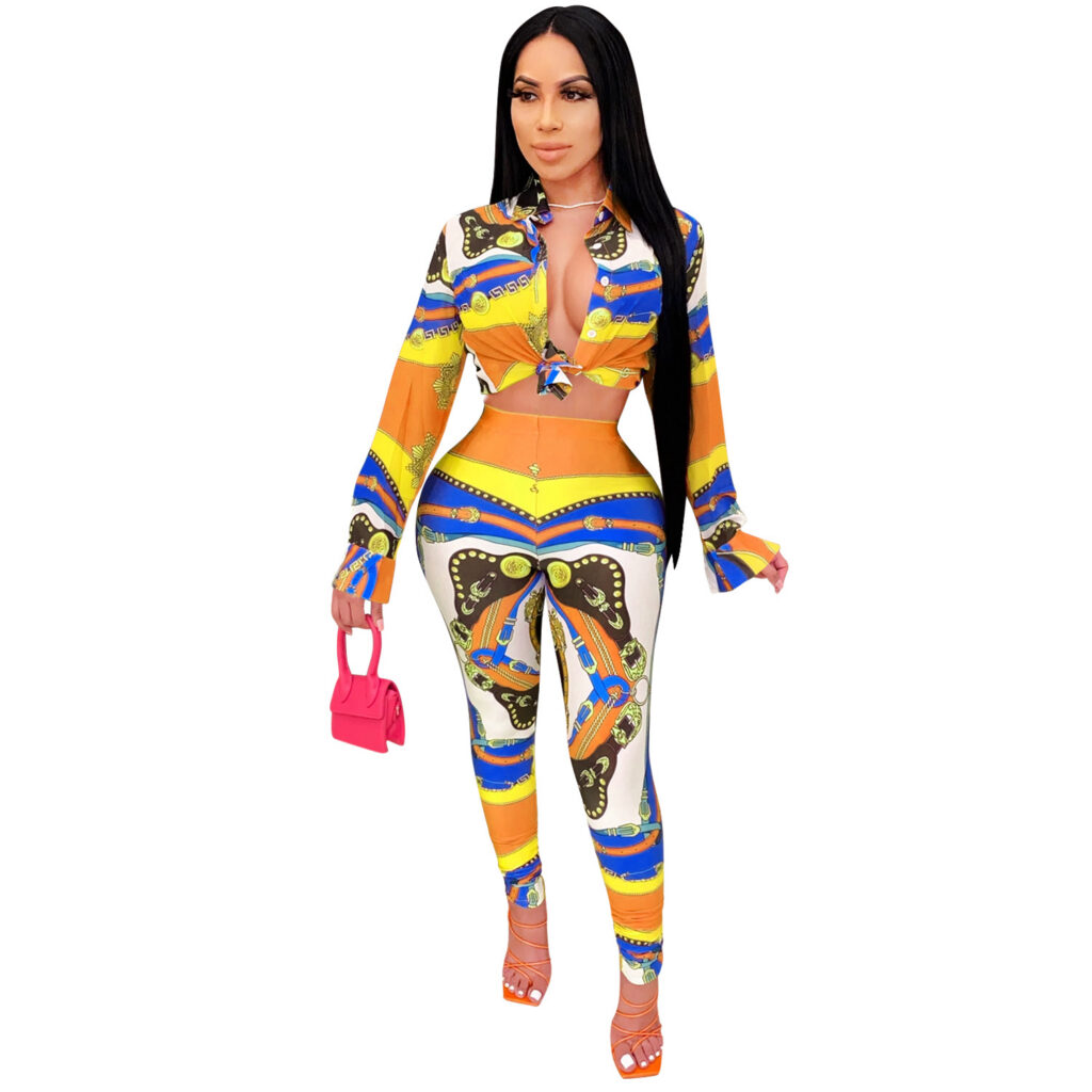 Ensemble femme à manches longues, imprimé numérique, coupe ajustée, style business casual