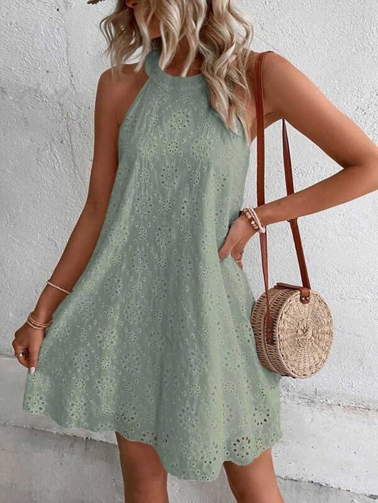 2023 Europe and America Cross Border Foreign Trade Summer New Women's Lace Solid Color Sleeveless Button Halter Amazon Dress – Image 6