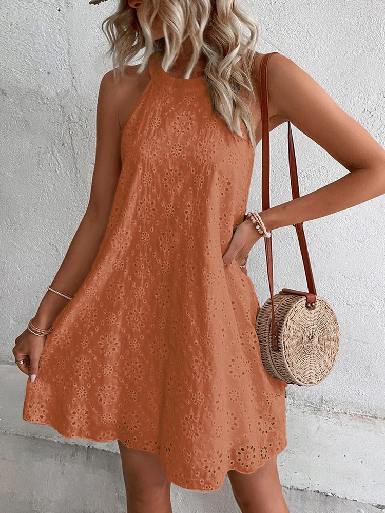 2023 Europe and America Cross Border Foreign Trade Summer New Women's Lace Solid Color Sleeveless Button Halter Amazon Dress – Image 3