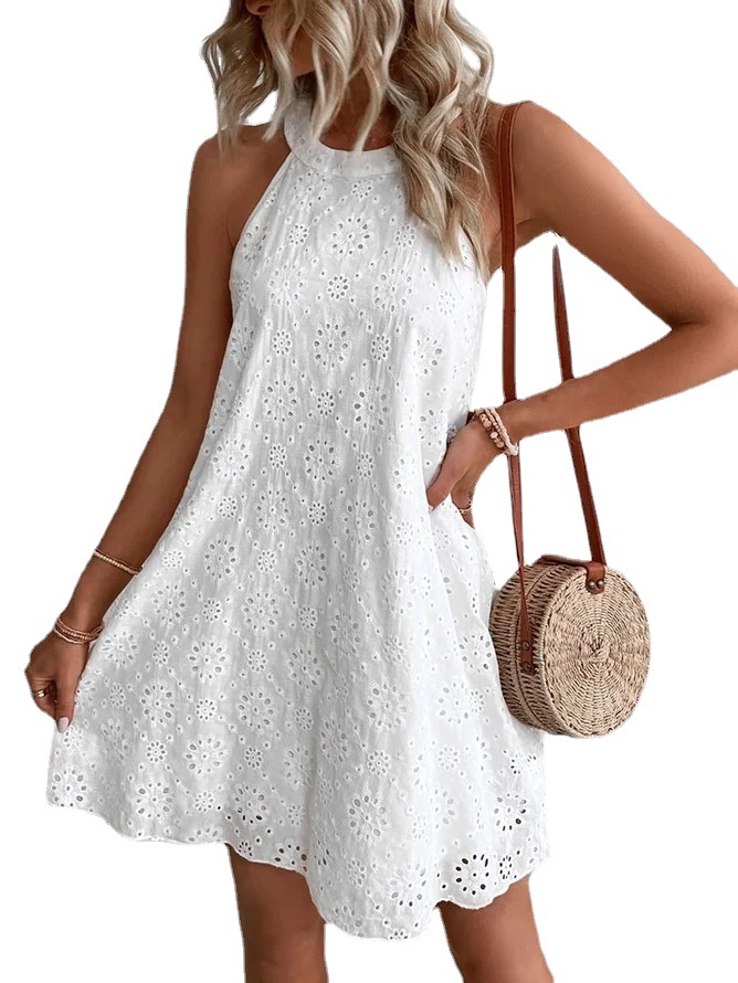 2023 Europe and America Cross Border Foreign Trade Summer New Women's Lace Solid Color Sleeveless Button Halter Amazon Dress – Image 5