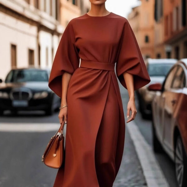 2025 Foreign Trade Women's Clothing, European and American Cross-border Fashion, Elegant Solid Color Waist-cinching Dress, Casual Batwing Sleeve Long Skirt