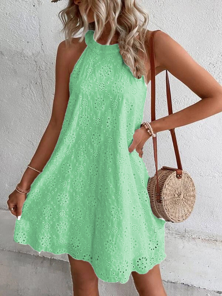 2023 Europe and America Cross Border Foreign Trade Summer New Women's Lace Solid Color Sleeveless Button Halter Amazon Dress – Image 4