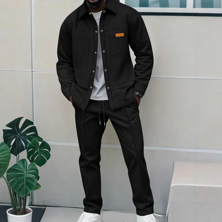 Ensemble veste et pantalon long décontracté, couleur unie, à revers et poches à boucle, manches longues.