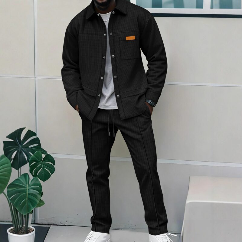 Ensemble veste et pantalon long décontracté, couleur unie, à revers et poches à boucle, manches longues.