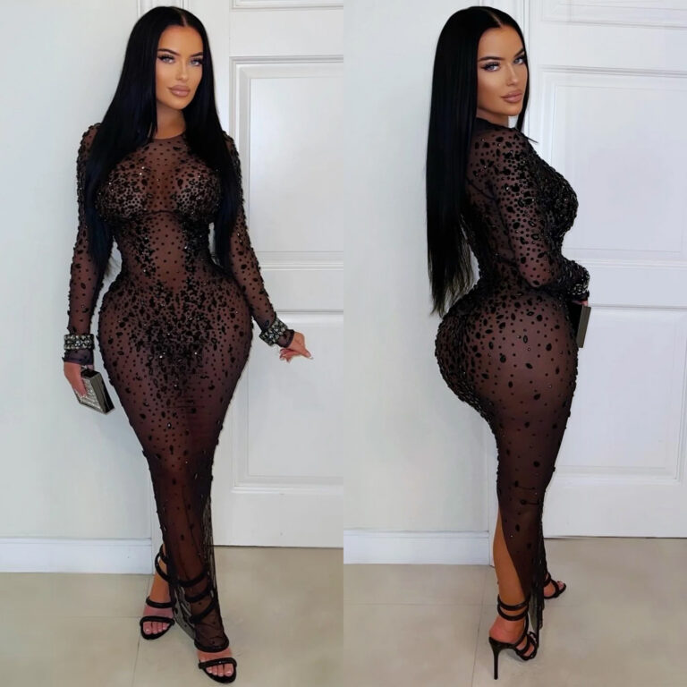 Robe moulante sexy en résille transparente et strass