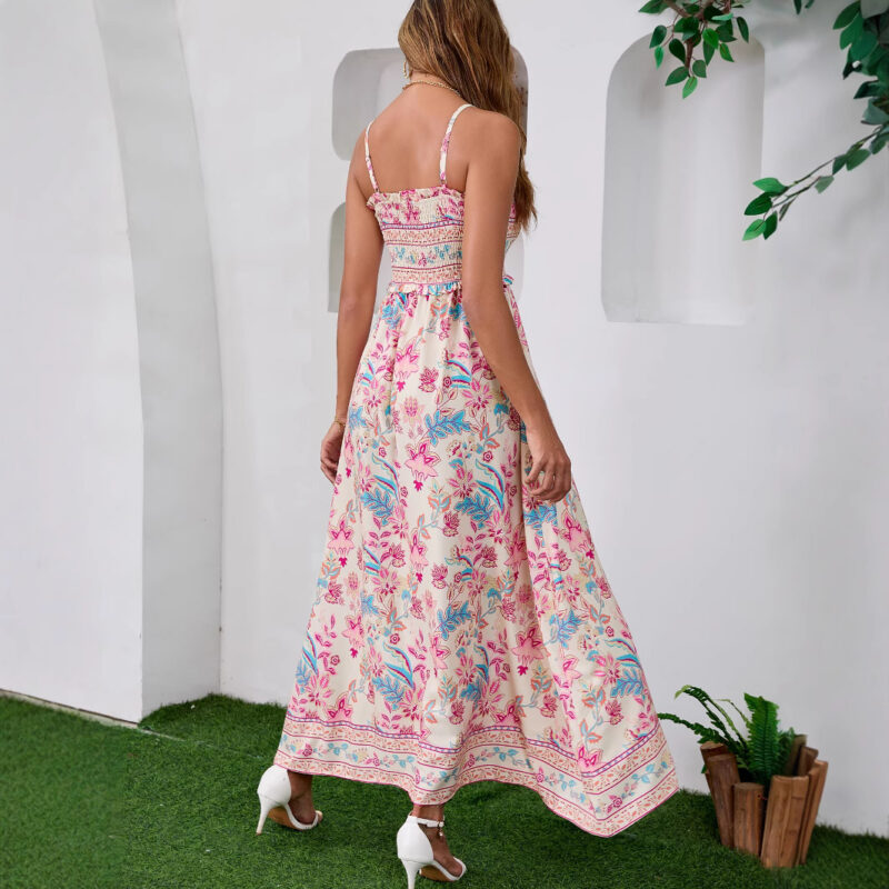 Robe longue bohème à imprimé ethnique Real Shot, dos nu noué, bretelles, style plage, été